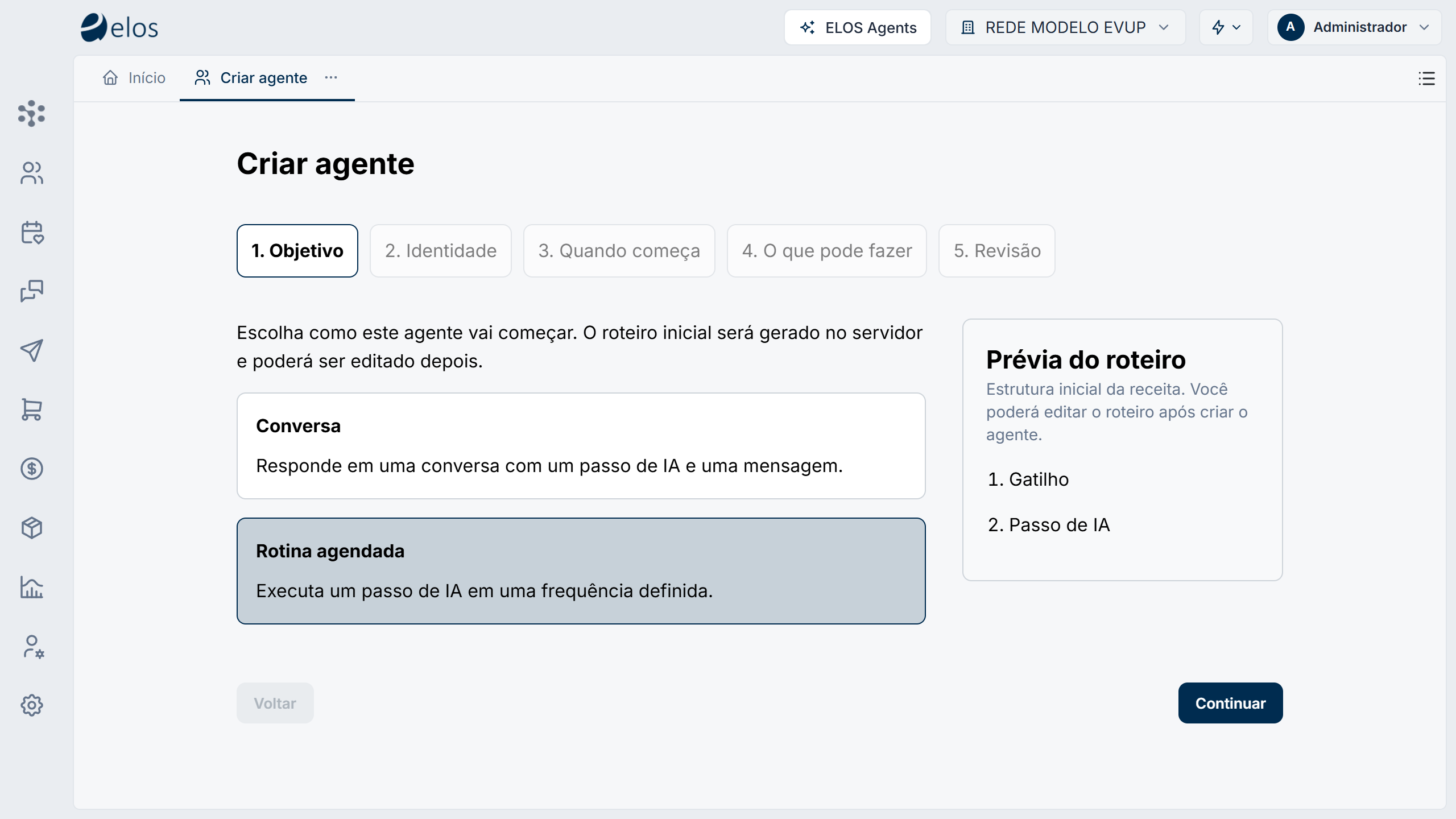 Criar agente, passo 1 Objetivo, com Rotina agendada selecionada