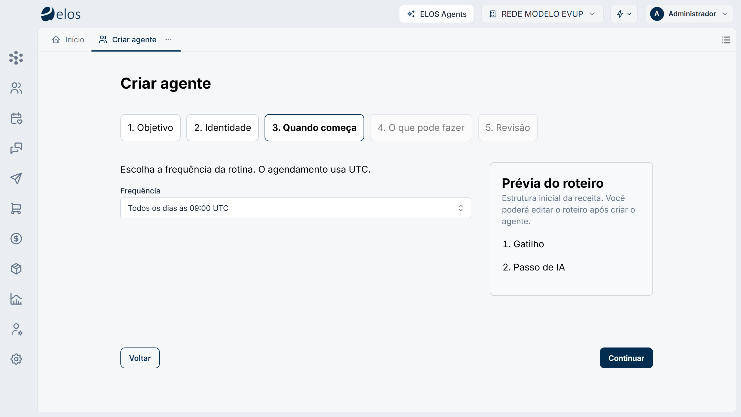 Criar agente, passo 3 Quando começa, com o agendamento