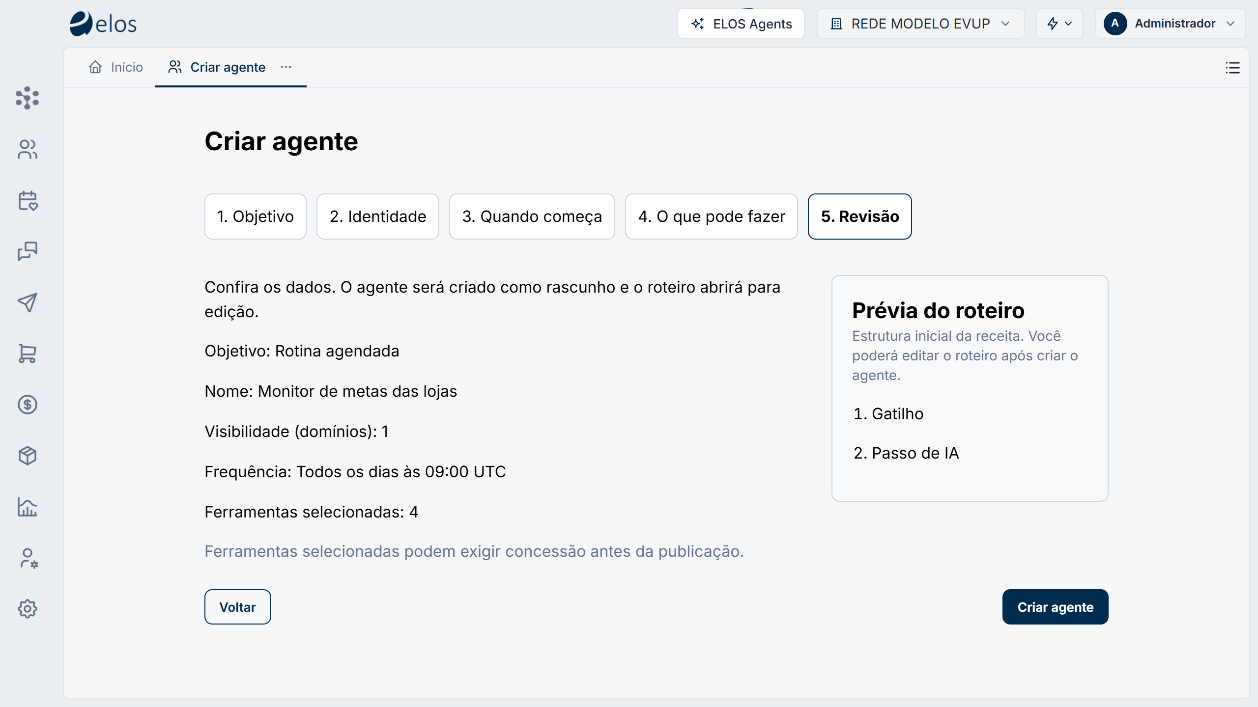Criar agente, passo 5 Revisão