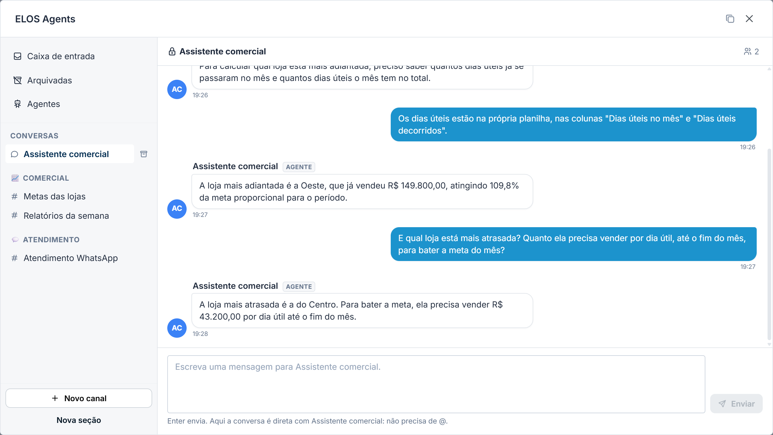 Conversa direta com o Assistente comercial: perguntas sobre a loja mais adiantada e a mais atrasada, com as respostas em reais