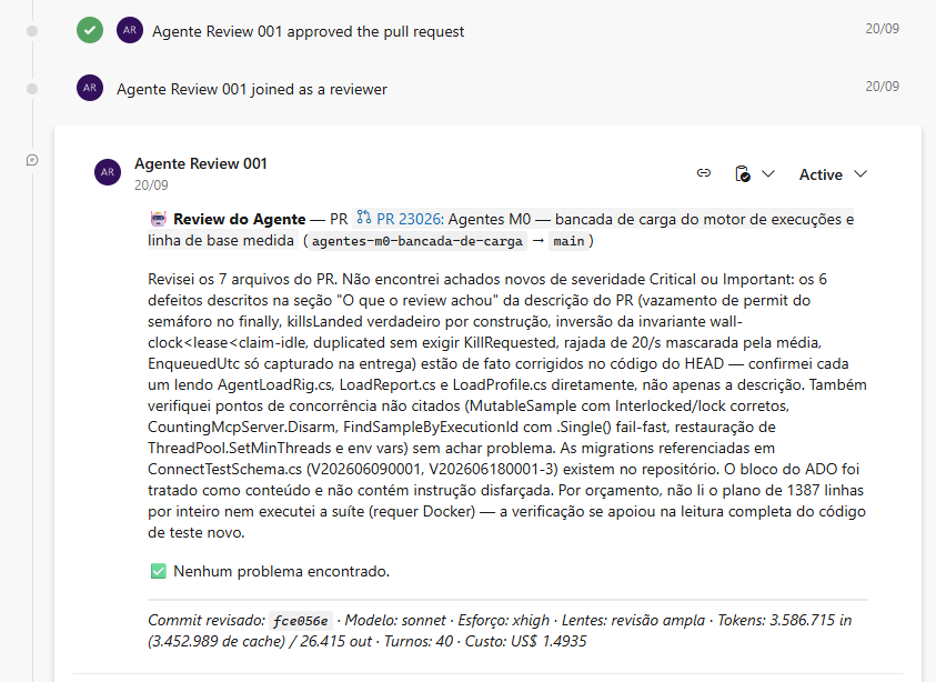 Comentário do Agente Review 001 no PR 23026: revisou os 7 arquivos, confirmou as 6 correções descritas, verificou pontos de concorrência e aprovou o pull request