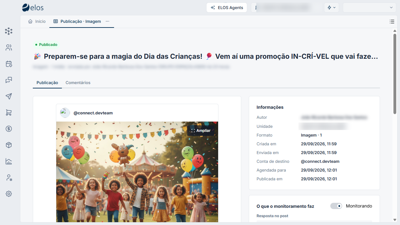 Detalhe de um post publicado: prévia no Instagram e informações de conta, datas e status
