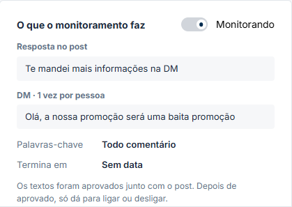 Monitoramento de comentários: resposta no post, mensagem direta uma vez por pessoa e palavras-chave