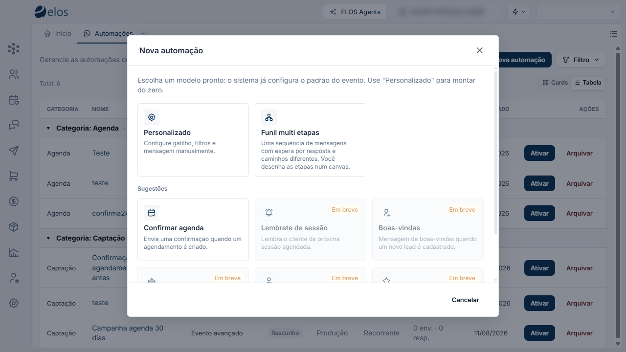 Modal Nova automação: Personalizado, Funil multi etapas e as sugestões, com Confirmar agenda