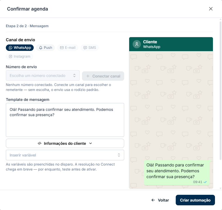 Confirmar agenda, etapa 2 de 2: canal WhatsApp, texto da mensagem e a prévia da conversa