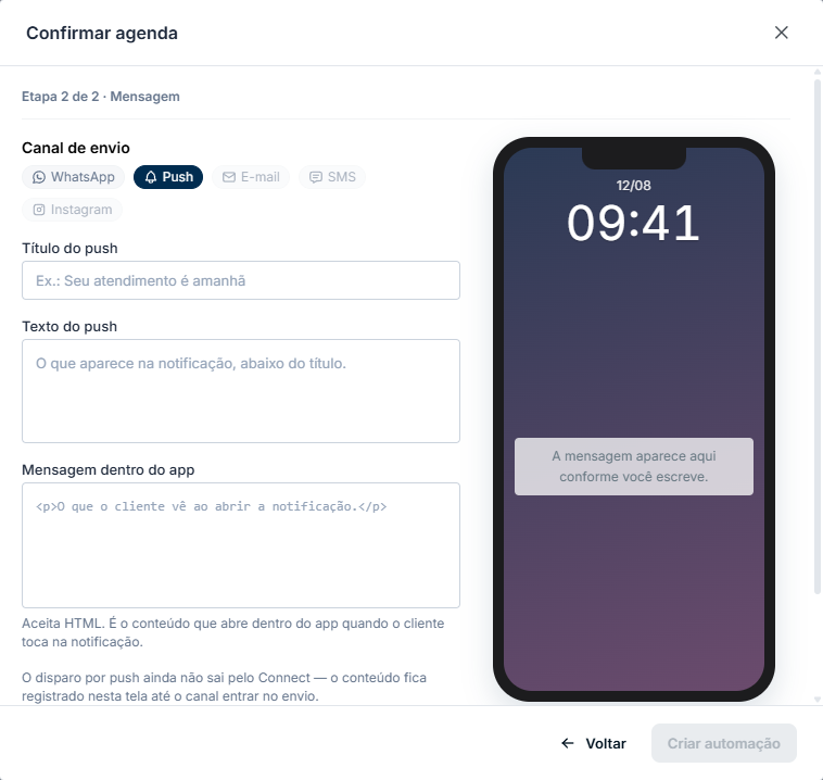 Confirmar agenda, etapa 2 de 2: canal push, com título, texto, mensagem dentro do app e a prévia da notificação no celular